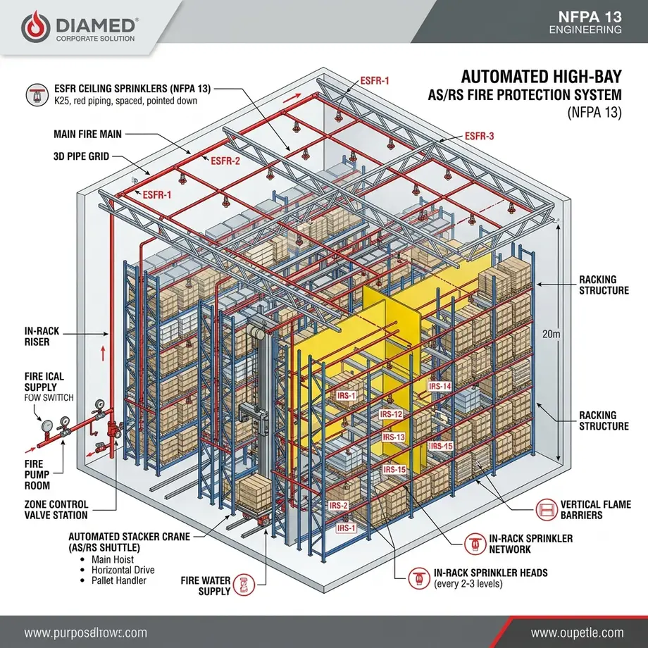 ไดอะแกรมระบบสปริงเกอร์ดับเพลิงสำหรับคลังสินค้าอัตโนมัติเพดานสูง (AS/RS Automated High-Bay Warehouse)