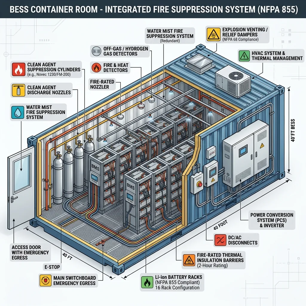 การออกแบบระบบดับเพลิงตู้แบตเตอรี่ BESS NFPA 855 UL 9540A