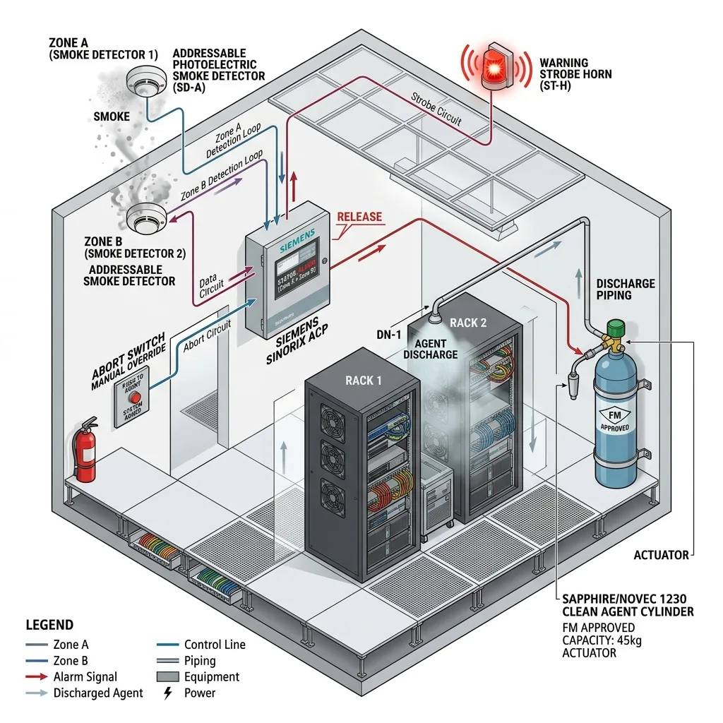 ตรรกะการสั่งปล่อยก๊าซดับเพลิงสารสะอาดตามมาตรฐาน NFPA 72 & 2001