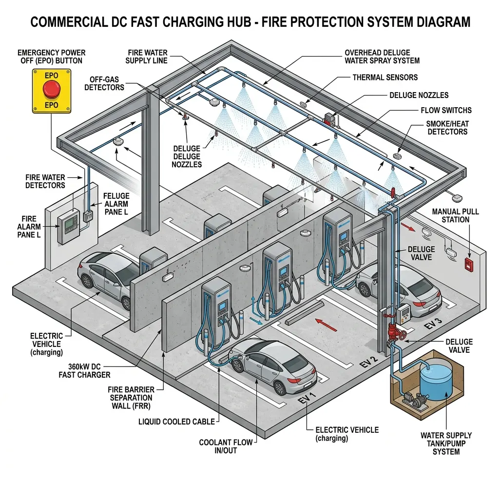 การออกแบบระบบป้องกันอัคคีภัยสถานีชาร์จเร็ว DC Fast Charger