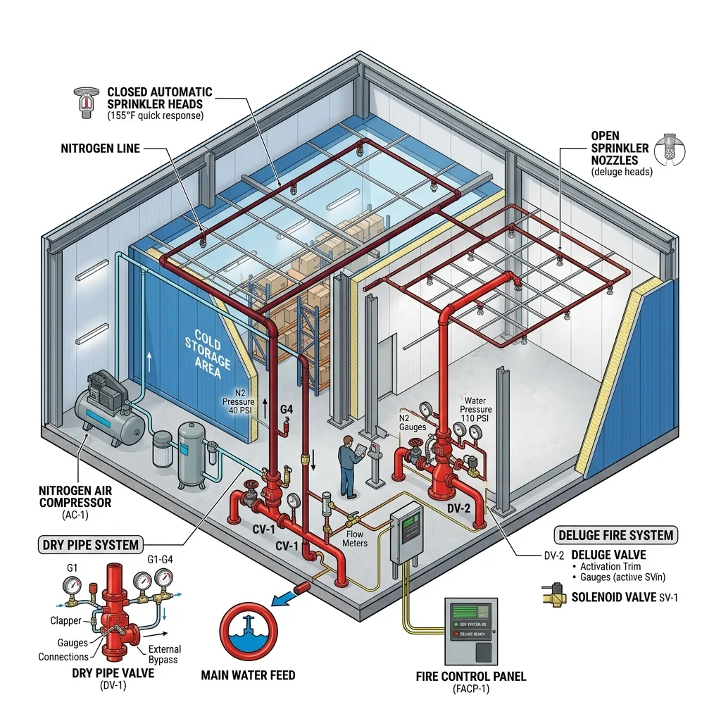 การออกแบบระบบท่อแห้งดับเพลิง Dry Pipe Deluge Sprinkler ห้องเย็น NFPA 13 16