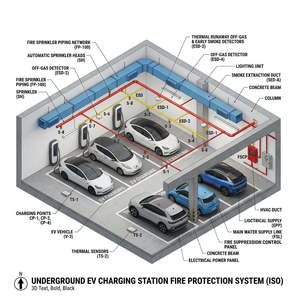 การออกแบบระบบป้องกันอัคคีภัยสถานีชาร์จ EV และลานจอดรถในอาคาร