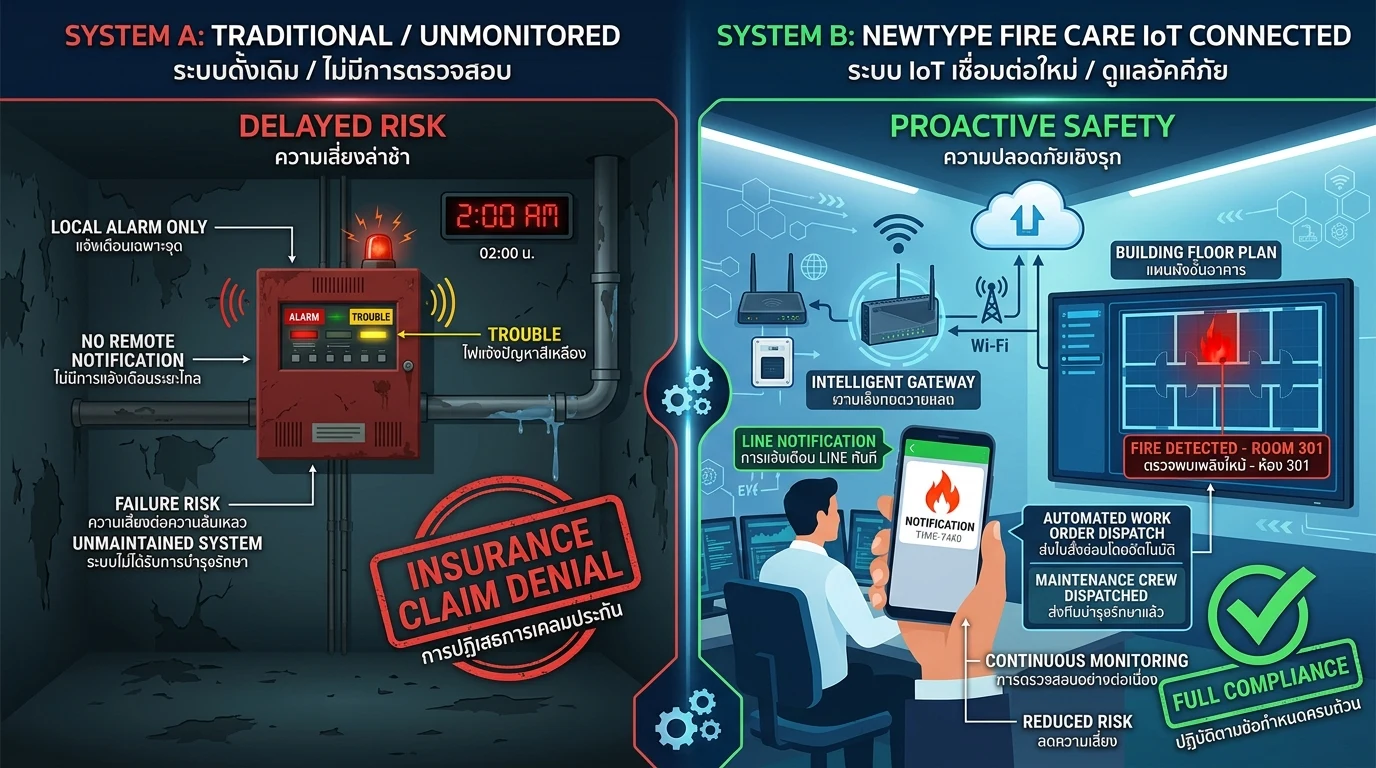 ไดอะแกรมเปรียบเทียบระบบเดิม vs Newtype Fire Care IoT Monitoring