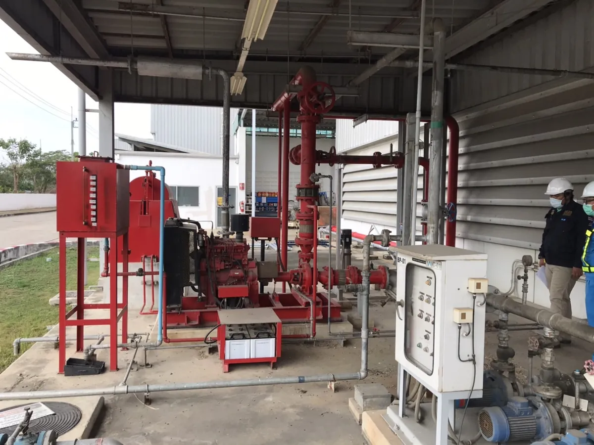 ภาพรวมห้องปั๊มดับเพลิงหลังติดตั้ง ปั๊มดีเซล ตู้ควบคุม และ Jockey Pump