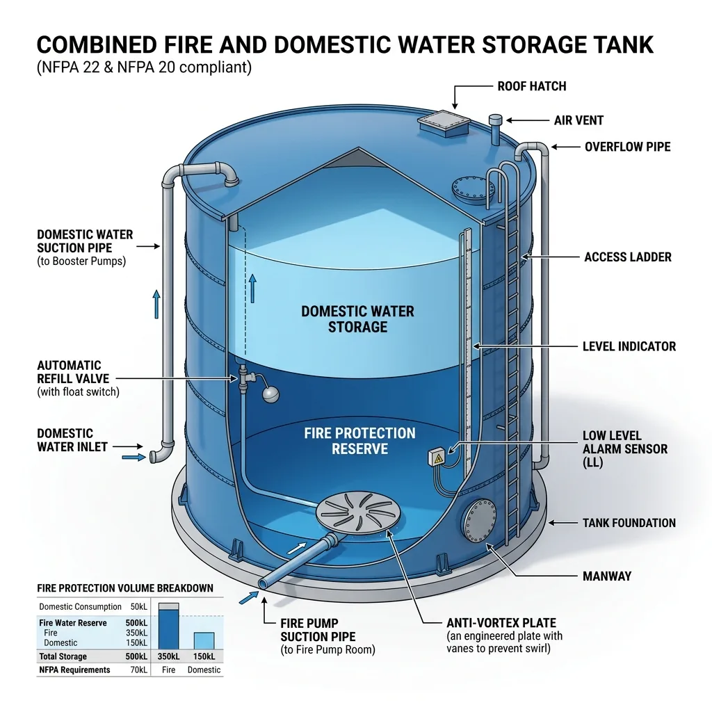 การออกแบบถังเก็บน้ำดับเพลิงร่วมกับน้ำอุปโภค Fire Water Storage Tank Anti-Vortex Plate NFPA 22