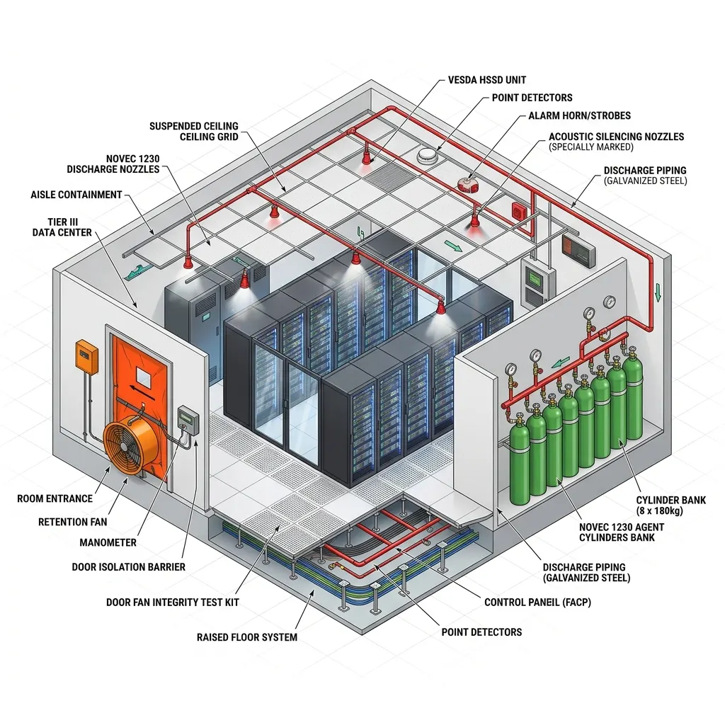 ไดอะแกรมระบบดับเพลิงสารสะอาด Novec 1230 สำหรับห้อง Data Center ขนาดใหญ่ (Tier III/IV)
