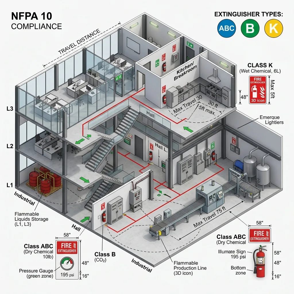 คู่มือการเลือกและคำนวณจุดติดตั้งถังดับเพลิงยกหิ้ว NFPA 10 กฎหมายไทย