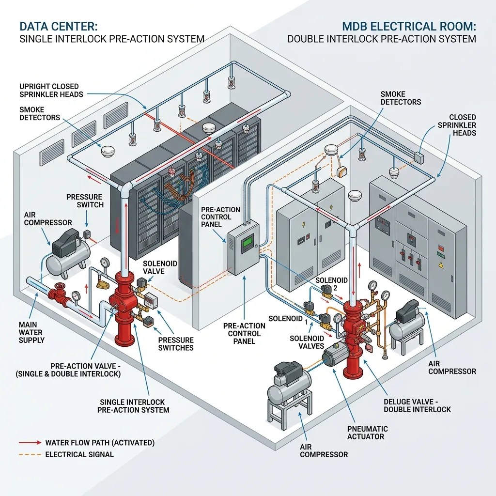 ระบบดับเพลิง Pre-Action Sprinkler System Single Double Interlock MDB Data Center NFPA 13