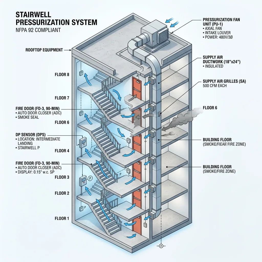 การออกแบบระบบอัดอากาศบันไดหนีไฟ Stairwell Pressurization NFPA 92 วสท