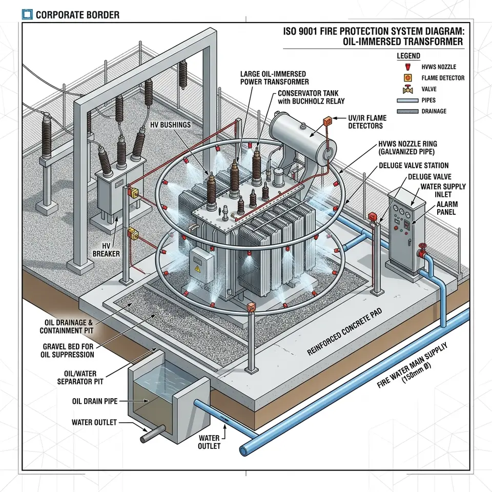 ไดอะแกรมระบบดับเพลิงฉีดฝอยน้ำท่อเปิดอัตโนมัติ (Water Spray Deluge System) สำหรับหม้อแปลงไฟฟ้าน้ำมันกำลังสูง