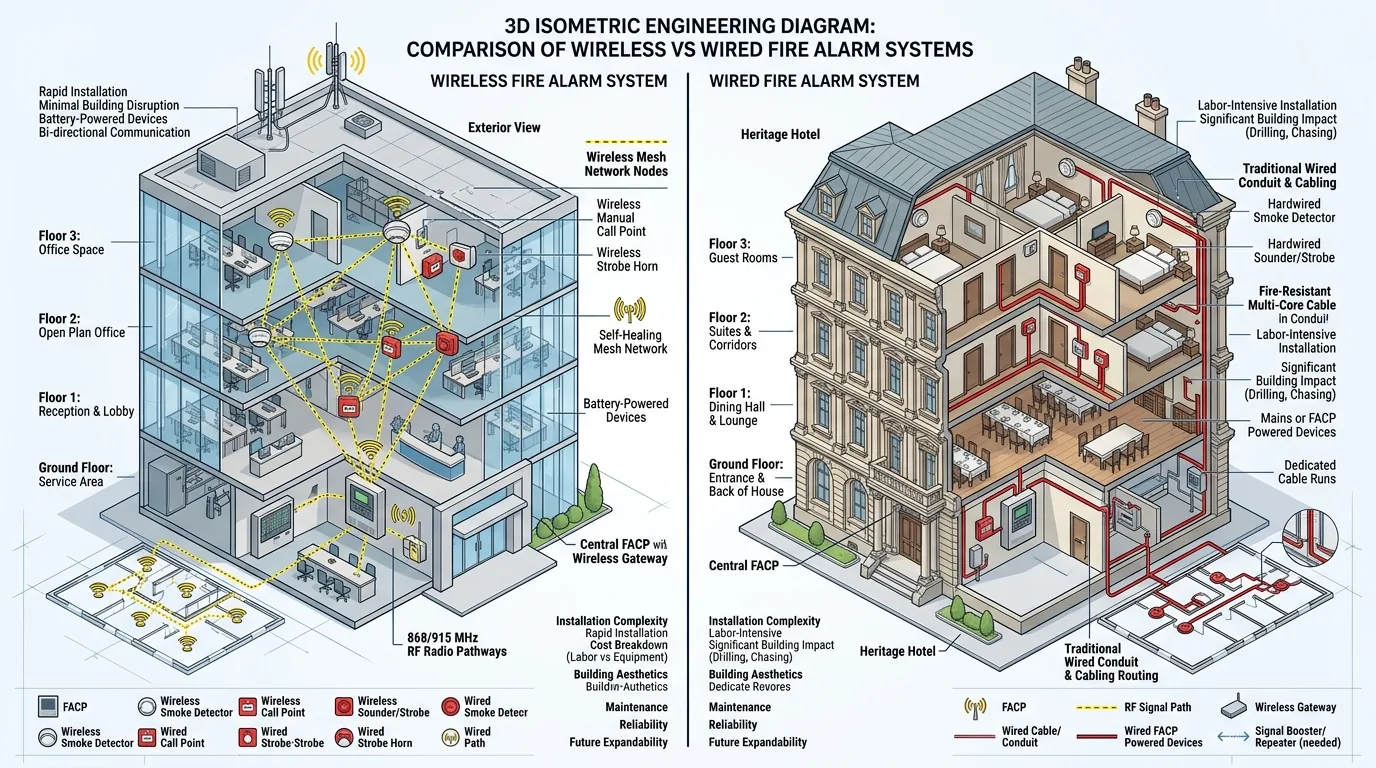 Wireless vs Wired Fire Alarm: ระบบแจ้งเหตุไร้สาย ปลอดภัยจริงไหม? เทียบสเปก จุดคุ้มทุน และพื้นที่ที่ควรเลือกใช้